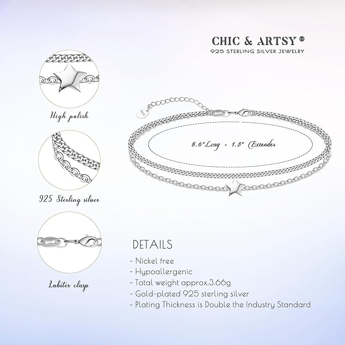 CHIC & ARTSY 925 Sterling Silver Ankle Bracelet Multilayer Anklets for Women Satellite, Star, Cross, Circle, Butterfly, Teardrop, Oval Disk Layered Anklet Beach Jewelry