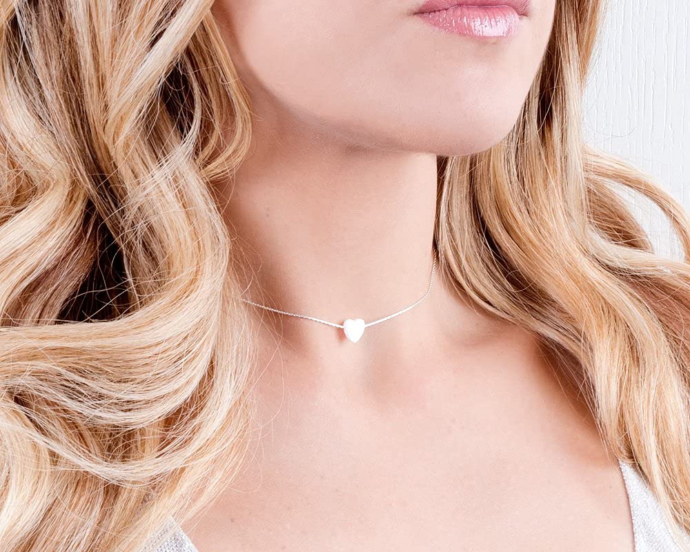 White Opal Heart On Sterling Silver 925 Choker Necklace - Designer Handmade Minimal Necklace for Women - Length: 13.5 inch + 3 inch Extender (sterling silver, white)