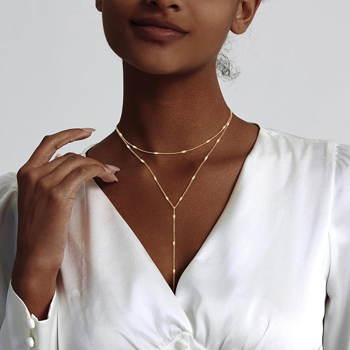 Luxval Lariat Gold Necklace for Women, Dainty Long Necklace 14k Gold Plated/Silver Y-Shaped Pendant Necklaces Trendy Beaded Chain Drop Necklaces Jewelry for Women Gifts