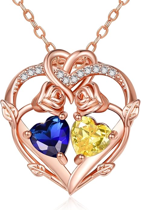 Rose Gold Necklaces for Women Double Birthstone Rose Flower Heart Pendant Necklace Jewelry Anniversary Christmas Valentine's Mother's Day Birthday Gift for Wife Mom Her Girlfriend Sister