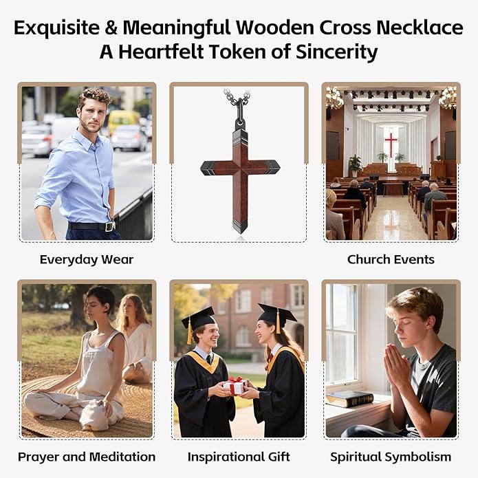 OOTDSE Wooden Cross Necklace for Men and Women 304L Stainless Steel Durable Snag-Free Box Chain with Reinforced Clasp Christian Gift for Dad/Son/Husband/Loves/Friends on Easter/Birthday/Father's Day