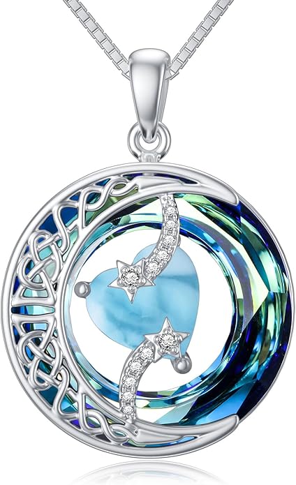 TOUPOP Christmas Gifts Birthstone Necklace 925 Sterling Silver Moon and Star Pendant with Blue Crystal Celtic Moon Jewelry Birthday Gifts for Women Mom Wife Her Daughter