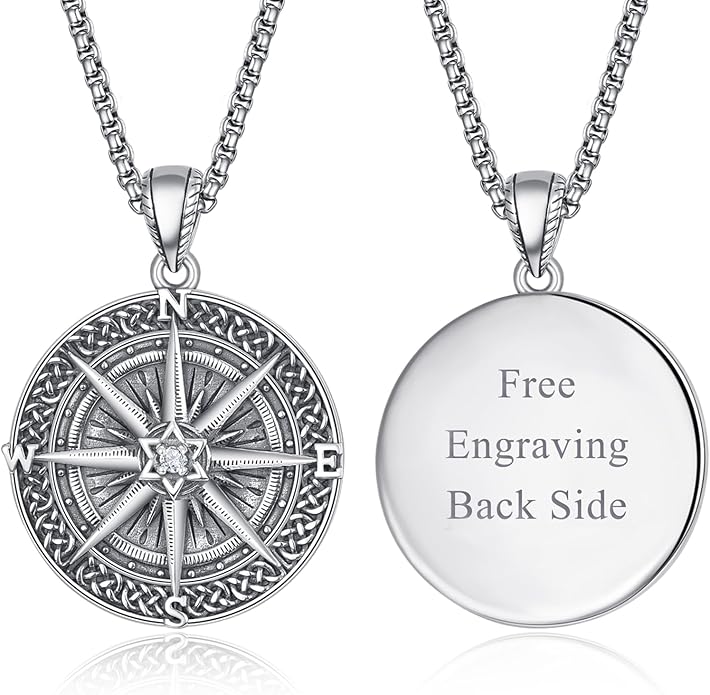 KINGWHYTE Compass Necklace for Men 925 Sterling Silver Birthday Gifts Graduation Travel Jewelry for Husband Brother with Stainless Steel Chain
