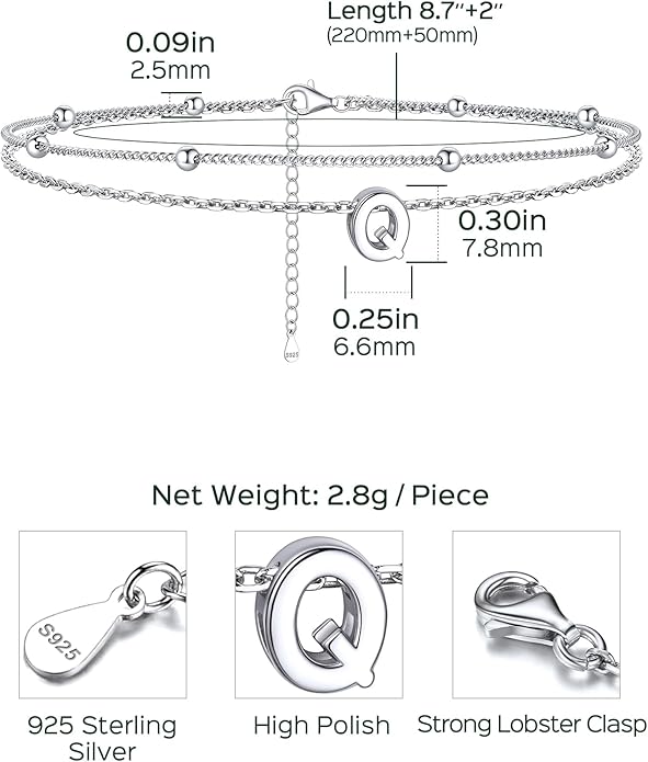 ChicSilver Ankle Bracelets for Women Waterproof, 925 Sterling Silver Initial Anklets for Women, Adjustable Dainty Layered Anklet Beach Jewelry for Women Mom Wife Friend