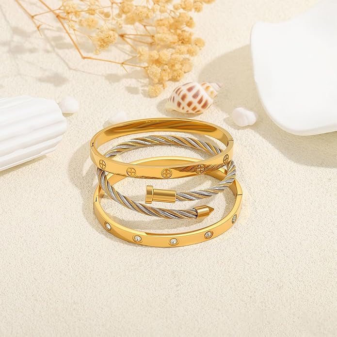 Gold Bracelets for Women - Stackable Bangles with Friendship & Love Theme - Stainless Steel Jewelry Gift for Her