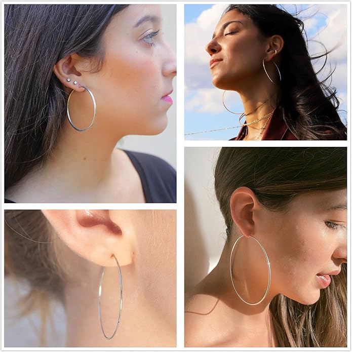3 Pairs Sterling Silver Hoop Earrings, 14K White Gold Plated Big Hoop Earrings Set for Women 40 50 60MM