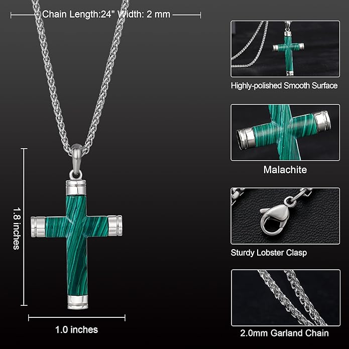 GTMJ Cross Necklace for Men -Stainless Steel & Gemstone Adjustable Box Chain 24-26in, Spiritual Jewelry Gift for Him, Everyday Wear