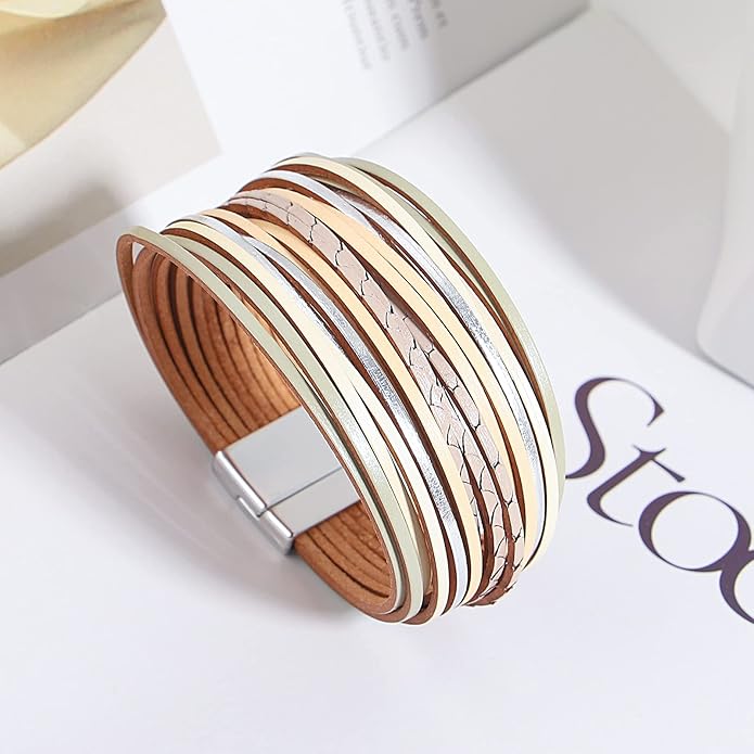 hotoo Handmade Layered Leather Bracelets Wrap for Women Stackable Chunky Colored Men Cuff Bracelet Wristband Bangle Gifts