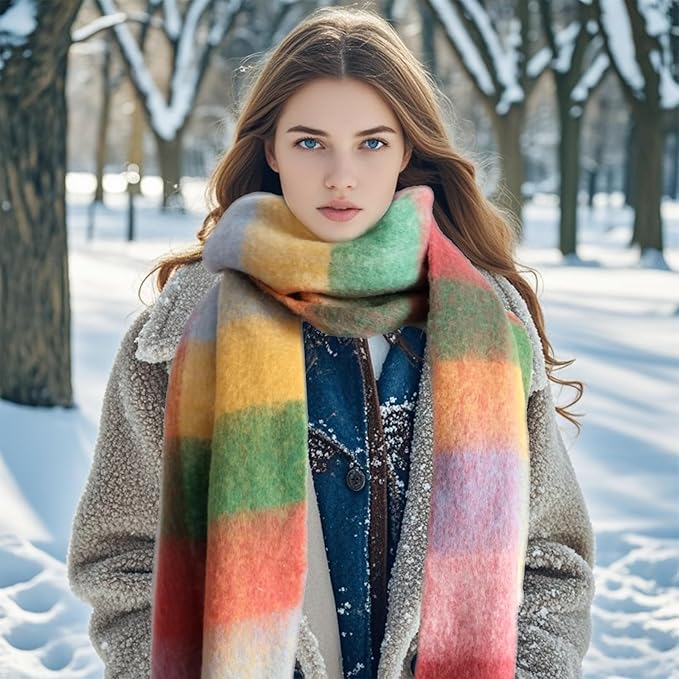 SHOHOKU Large Chunky Plaid Scarf Coloured Checked Oversized Scarf Tassel Soft Fall Winter Thick Warm Shawl Women