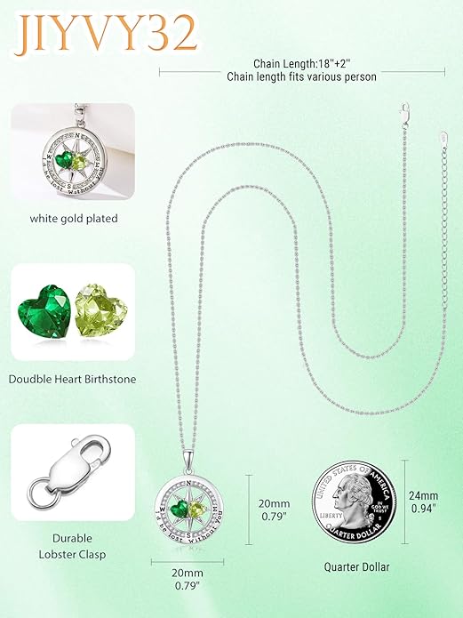 Compass Birthstones Necklace for Women, Exquisite Anniversary Birthday Gifts for Wife Her Double Birthstone Pendant jewelry ‘I'd be Lost Without You’