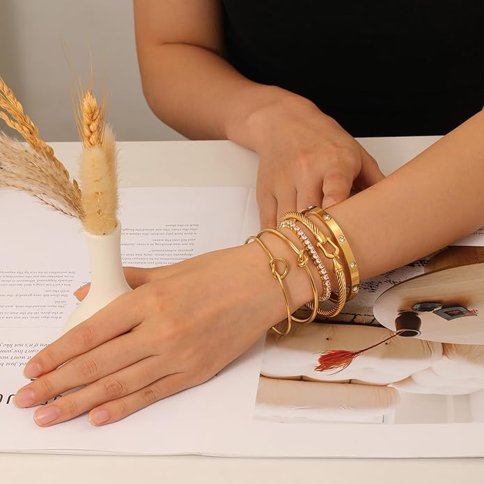 FAFUGA 18 K Gold Plated Love Bangle Bracelet Stack Cuff Jewelry for Women Jewelry Set for Women Gift with Box