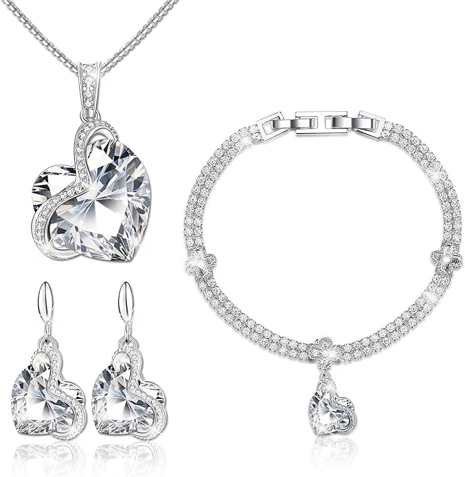 Blissful Heart Crystal Jewelry Sets For Women 18K White Gold Plated Bracelet Necklace and Earrings Sets for Wife Girlfriend or Mothers Idea Gift for Special Women in Life
