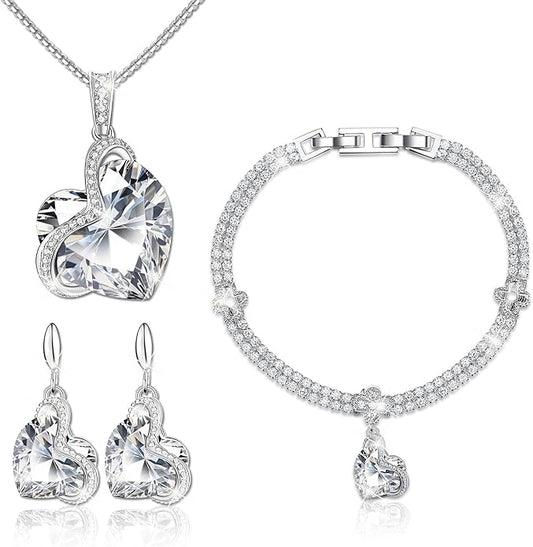 Blissful Heart Crystal Jewelry Sets For Women 18K White Gold Plated Bracelet Necklace and Earrings Sets for Wife Girlfriend or Mothers Idea Gift for Special Women in Life
