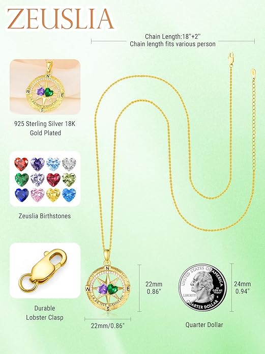 Zeuslia Double Birthstone Necklace Gifts for Wife - 925 Sterling Silver Sunflower/Rose/Crown Cross/Compass/Heart Pendant I Love You Necklace, Anniversary Birthday Gifts for Wife Girlfriend Mom Her
