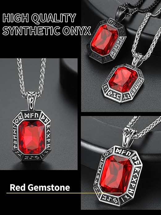 ChainsHouse Viking Rune Pendant Necklace for Men Women, Punk Biker Black Metal/316L Stainless Steel Onyx Norse Vintage Amulet Necklaces with Black/Red/Green/Blue Gemstone, Send Gift Box