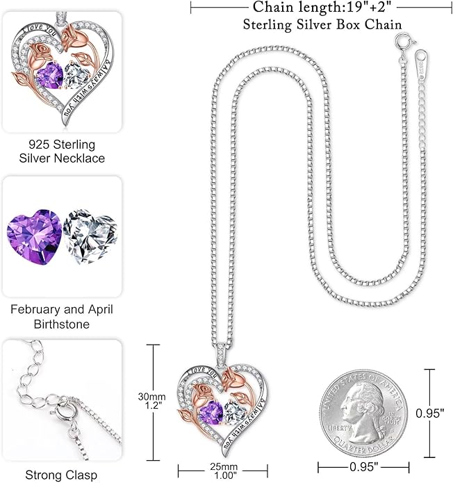 Iefil Birthstone Necklace for Women - 925 Sterling Silver Rose Heart Birthstone Necklace Birthday Anniversary Jewelry Gifts for Her Wife Mom Daughter