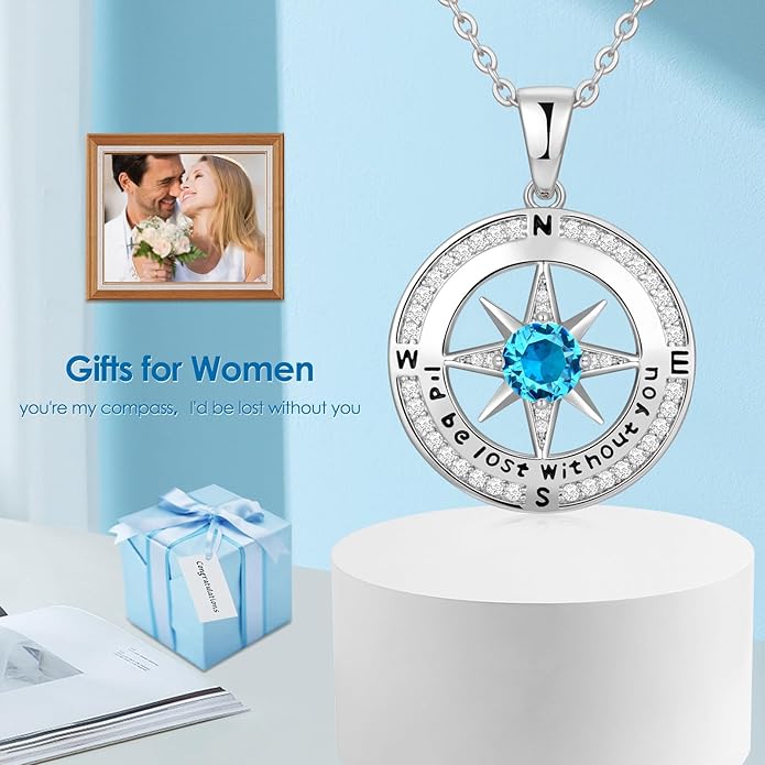 Zifeel Compass Necklace Gifts for Women wife - S925 Sterling Silver Birthstone Necklaces for Women - Anniversary Birthday Gifts for Her Wife Girlfriend - Valentines Mom Mothers Day Christmas Gifts Jewelry for Women
