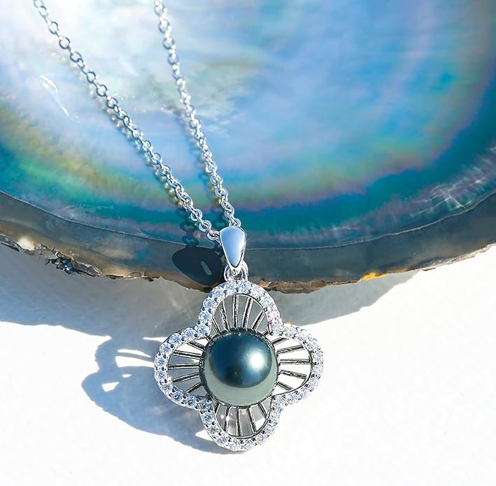 Genuine Tahitian Black Pearl Necklace for Women, 9-11mm AAAA Seawater Pearl with Sterling Silver Moissanite Pendant, Jewelry Gift for Wife, Mom, Girlfriend, Wedding Anniversary, Birthday, Christmas