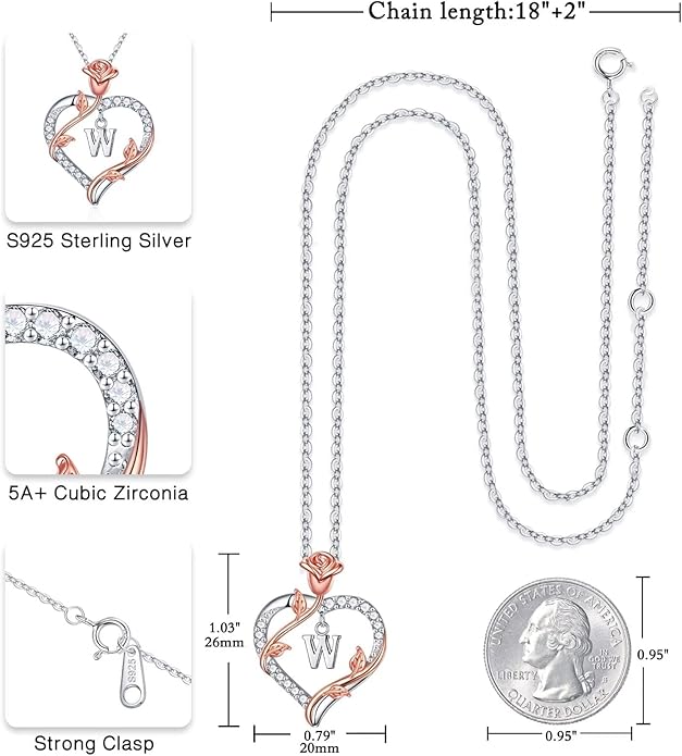 Iefil Rose Heart Necklaces Gifts for Women - 925 Sterling Silver Heart Initial Necklace, Anniversary Birthday Gifts for Women, Jewelry Gift for Wife Wife Girlfriend Mom