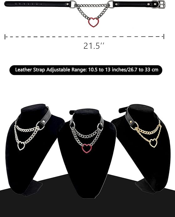 Black Leather Choker Collar For Women, Handmade Heart Slip Chain Choker Long Necklace with Adjustable Buckle