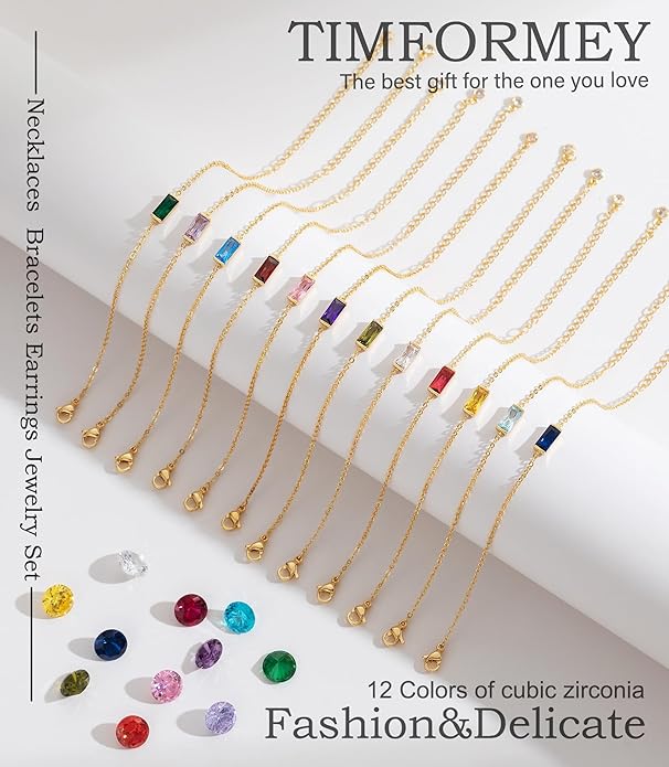 Birthstone 14K Gold Plated Bracelets Earrings Necklaces Jewelry Set， Blue Green May Cubic Zirconia，Friendship Bracelets Jewelry Gifts for Mom Best Friend Birthday