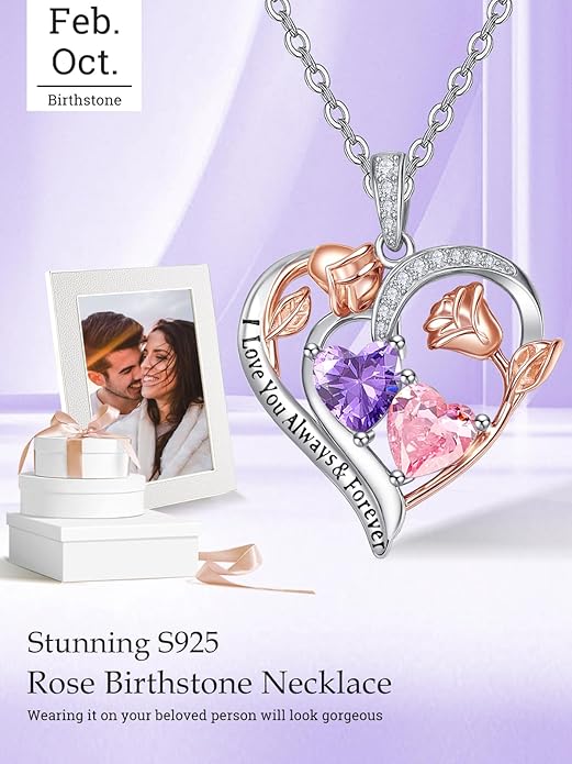 Zeuslia Double Birthstone Necklace Gifts for Wife - 925 Sterling Silver Sunflower/Rose/Crown Cross/Compass/Heart Pendant I Love You Necklace, Anniversary Birthday Gifts for Wife Girlfriend Mom Her