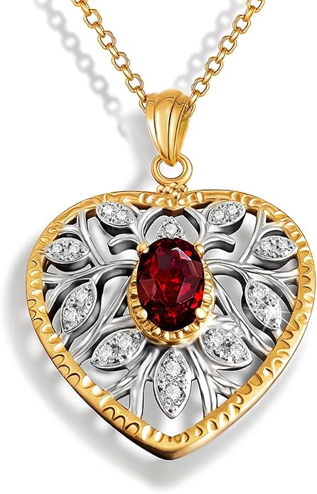 Raneecoco Natural Gemstone Necklace for Women 18K Gold Plated Sterling Silver Two-Tone Tree of Life & Love Heart Pendant Jewelry | Dainty Birthstone Gift For Her Mother Wife