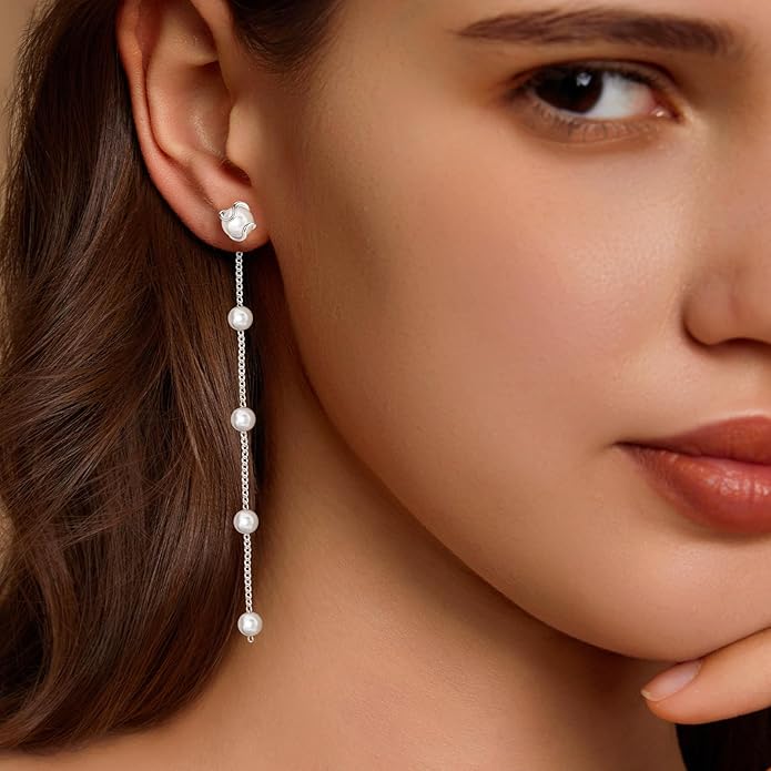 Zeffy Pearl Earrings for Women 14k Gold/Silver Pearl Drop Earrings Long White Pearl Tassel Dangle Statement Earrings Bridal Wedding Dainty Prom Earrings Birthday Gifts Jewelry