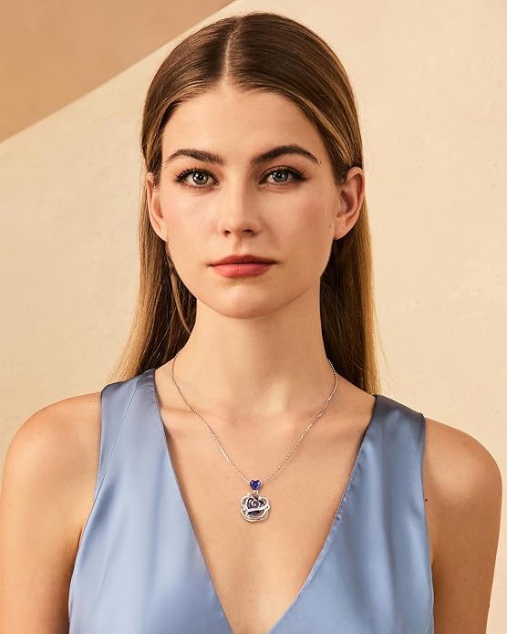 FANCIME Thornless Pulse Birthstone Necklace for Women Sterling Silver Rose Pendant Fine Jewelry Gemstone Birthday Valentines Day Gifts for Wife Her