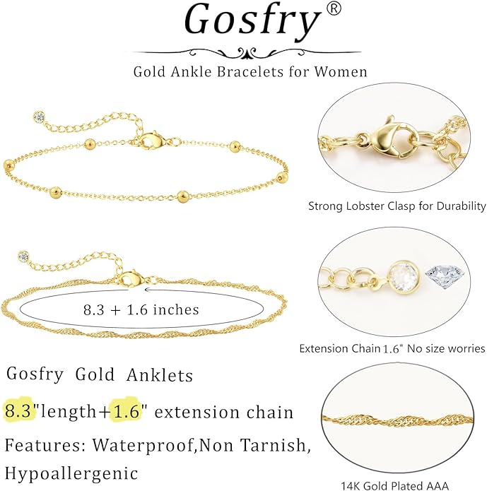 2/3 PCS Gold Anklets for Women Waterproof Cuban Link Anklet Beaded Bracelets Stackable Bracelets 14K Gold Plated Custom Jewelry Gifts Non Tarnish Lightweight