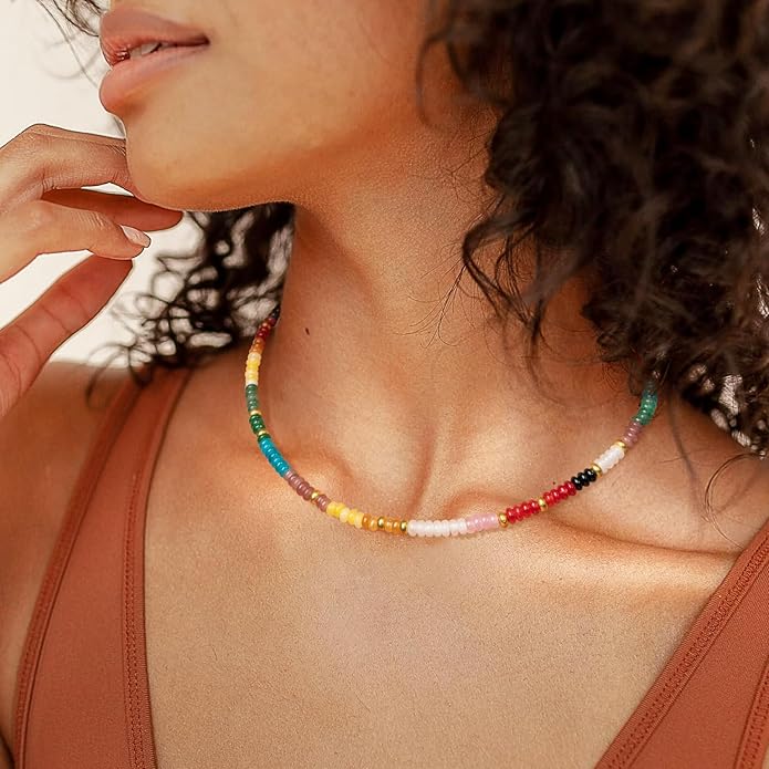 AGOT Beaded Gemstone Necklace for Women: Boho Bead Choker Natural Stone Necklaces - Handmade Jewelry for Summer Beach