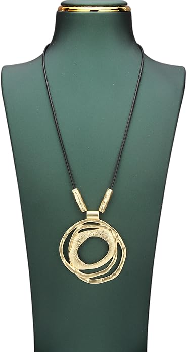 Long Boho Necklaces for Women Vintage Leather Wooden Pendant Y Choker Ethnic Style Gold Circle Hippie Sweater Necklace