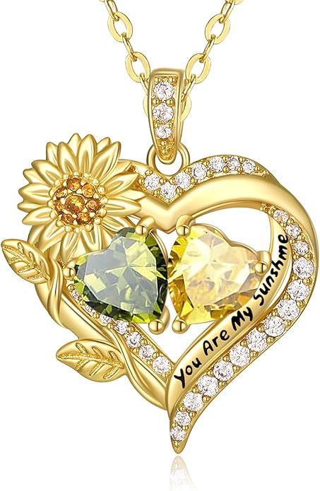 Sunflower Heart Necklace for Women 14K Gold Exquisite Anniversary Birthday Gifts for Wife Mother Her Double Birthstone Pendant jewelry‘You Are My Sunshine’