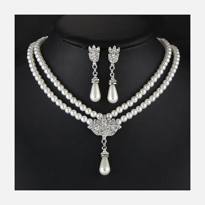 la luen Pearl Bride Wedding Jewelry Set Faux Pearls Crystal Rhinestone Necklace Earrings Bracelet Sets for Women Bridesmaid(3 PCS)