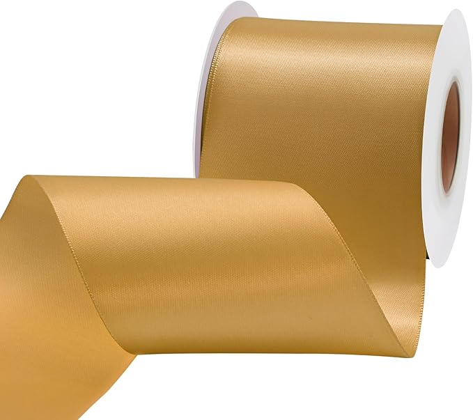 LEEQE Old Gold Satin Ribbon 3 inch X 15 Yards Polyester Ribbon for Gift Wrapping Very Suitable for Weddings Party Hair Bow Invitation Decorations and More