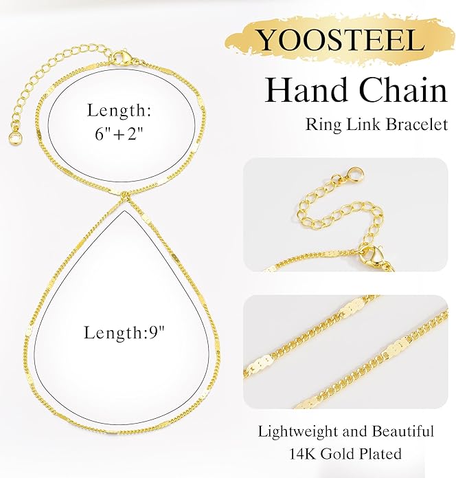 Yoosteel Hand Chain Bracelet for Women - Dainty 14K-Gold-Plated Finger Ring Hand Chains Layered Trendy Link Bracelets Jewelry Gifts for Women