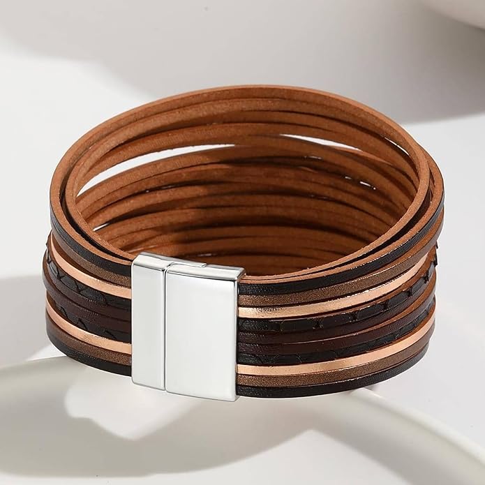 Fesciory Leather Wrap Bracelets for Women, Boho Leopard Multi-Layer Crystal Beads Cuff Bracelet Jewelry