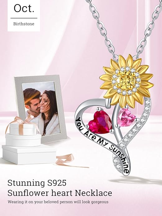 Zeuslia Double Birthstone Necklace Gifts for Wife - 925 Sterling Silver Sunflower/Rose/Crown Cross/Compass/Heart Pendant I Love You Necklace, Anniversary Birthday Gifts for Wife Girlfriend Mom Her
