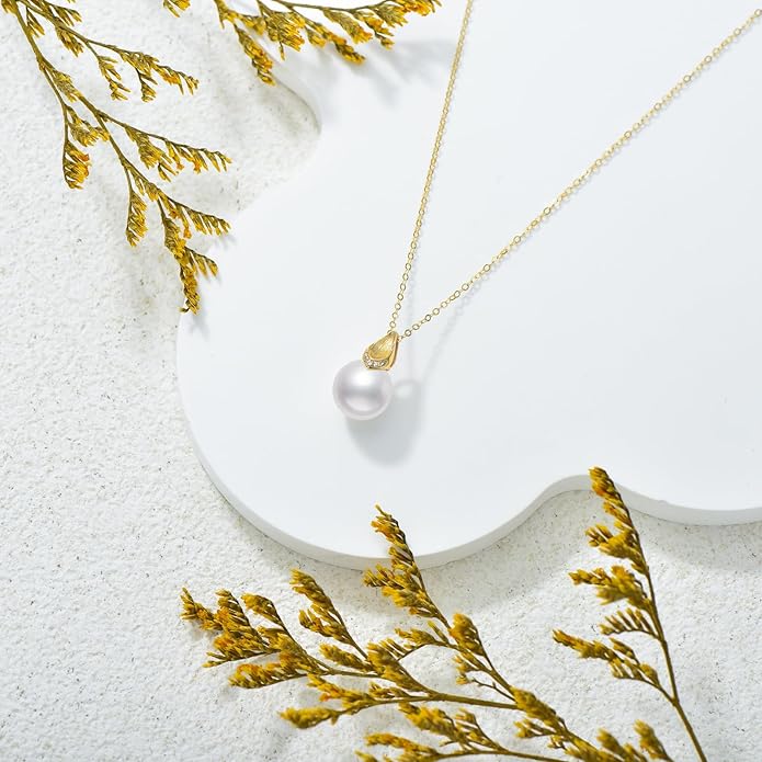 14k Gold Diamond Pearl Necklace for Women, 14kt Gold Jewelry Present for Wife, Birthday Gifts for Her, 16-18 Inch