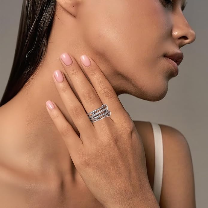 14K Gold Plated Interlocked Stackable Rings for Women Non Tarnish,Gold and Silver Cubic Zirconia Statement Rings Set,Mixed Metals Ring Two-Toned Connected Bands Stacking Jewelry