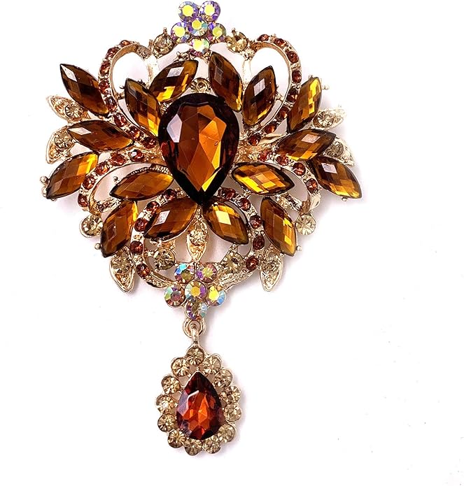 LAXPICOL Wedding Bridal Big Brown Crystal Rhinestone Bouquet Brooch Pin for Women Golden Tone