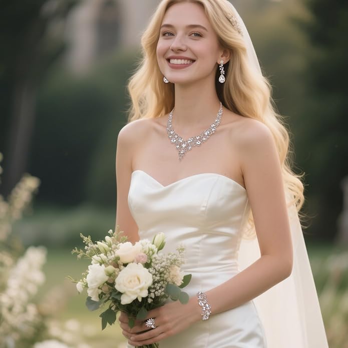 BriLove Wedding Bridal Jewelery for Women Austrian Crystal Teardrop Cluster Statement Necklace Dangle Earrings Link Bracelet Set