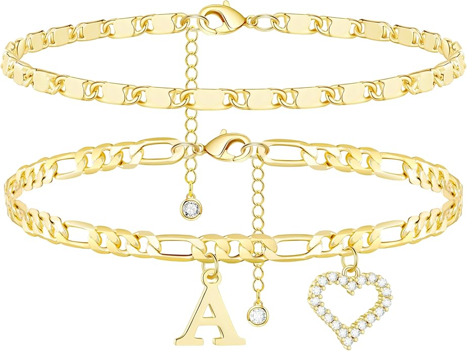 Initial Ankle Bracelets for Women Waterproof 14K Gold Plated Dainty Layered Figaro Chain Letter Initial CZ Heart Ankle Bracelets Set Summer Beach Jewelry for Women