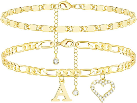 Initial Ankle Bracelets for Women Waterproof 14K Gold Plated Dainty Layered Figaro Chain Letter Initial CZ Heart Ankle Bracelets Set Summer Beach Jewelry for Women