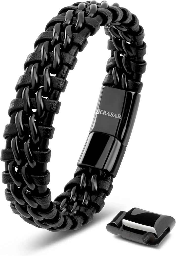 SERASAR | Premium Genuine Leather Bracelet [Steel] for Men in Black | Magnetic Stainless Steel Clasp in Black, Silver and Gold | Exclusive Jewellery Box | Great Gift Idea