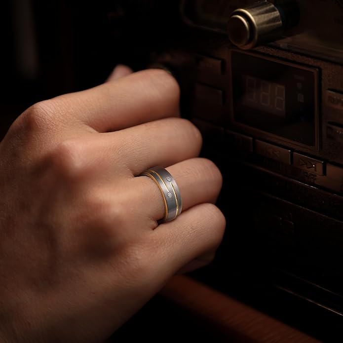 King Will Mens Tungsten Wedding Band with Cubic Zircon Inlay 7mm/8mm Flat Cut Comfort Fit Engagement Rings