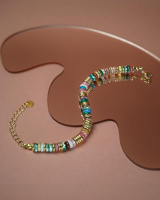Colorful 18K Gold Plated Bracelets for Women, Stack Bangle Beaded Stone Jewelry Accessories Set for Woman, Trendy Fashion Jewelry Gifts