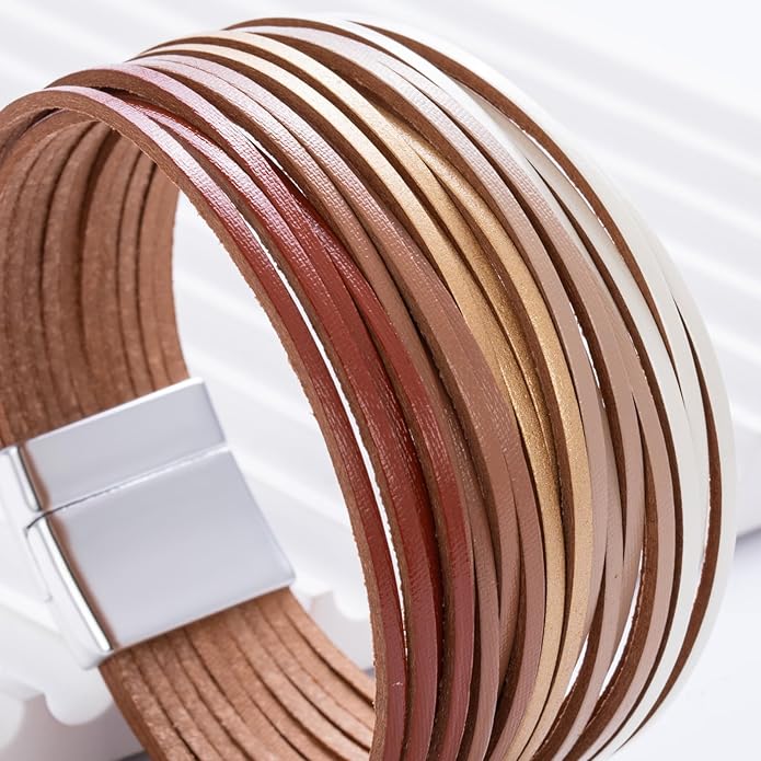FANCY SHINY Boho Leather Wrap Bracelet Stackable Layered Bangle Cuff with Magnetic Clasp