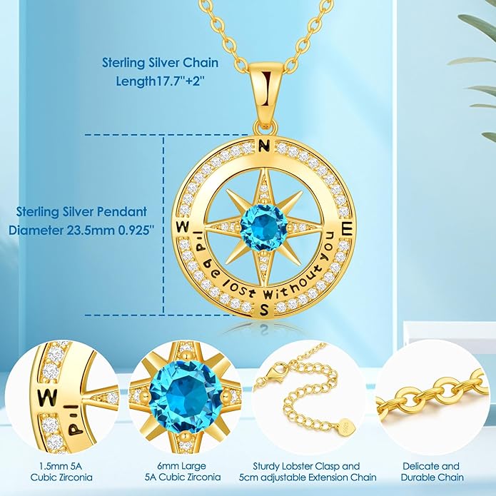 Zifeel Compass Necklace Gifts for Women wife - S925 Sterling Silver Birthstone Necklaces for Women - Anniversary Birthday Gifts for Her Wife Girlfriend - Valentines Mom Mothers Day Christmas Gifts Jewelry for Women