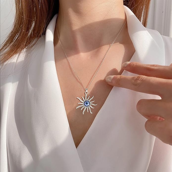 VIBILIA Evil Eye Necklace Sun Pendant Turkish Blue Eye Protection Lucky Necklaces Jewelry Gifts for Men Women (Sun) - Silver